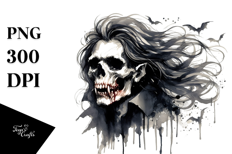 Washed Watercolor Style Vampire Skull Superhero PNG