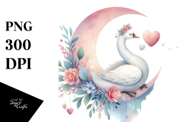 Pastel Swan on Moon Watercolor Art