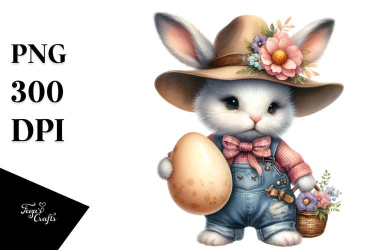 Goofy Bunny with Farm Jeans and Flower Hat on Half Moon PNG