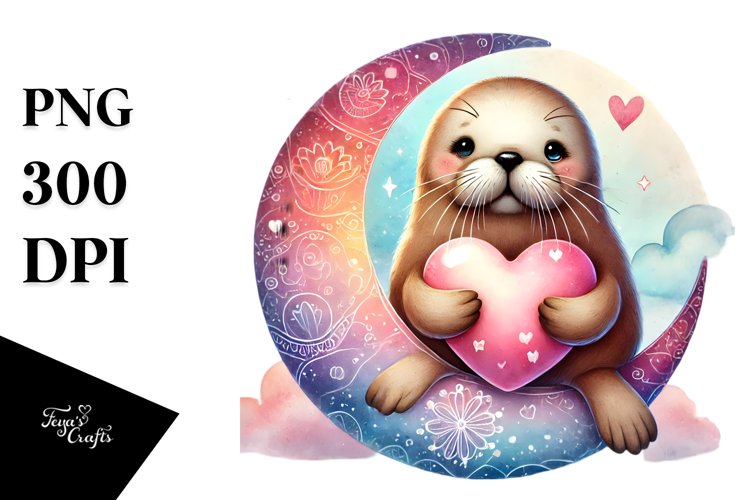 Boho Walrus on Moon with Heart PNG