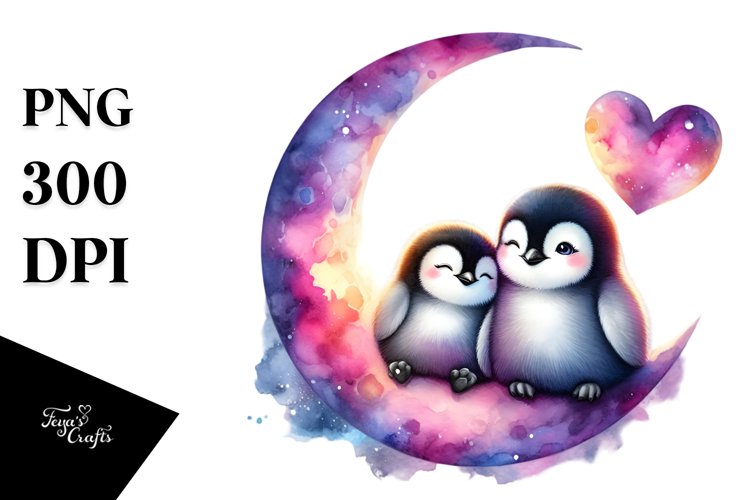 Colorful Baby Penguin Sitting on Moon PNG