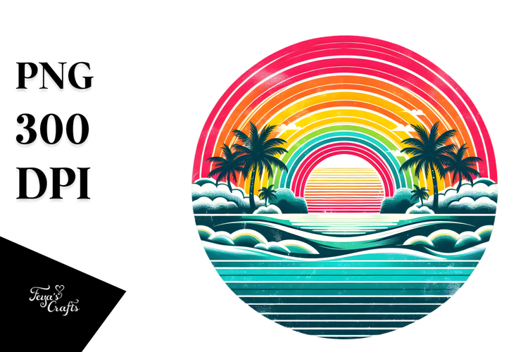 Retro Tropical Rainbow Sunset PNG