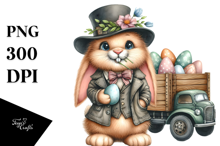 Watercolor Goofy Bunny with Old Clothes PNG