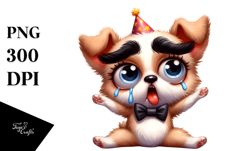 Cute Dog in Party Hat with Sparkling Eyes, PNG