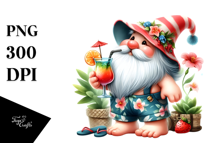 Whimsical Gnome Drinking Cocktail in Summer Clothes,