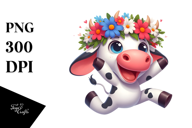 Exciting Cartoon Cow with Flower Crown PNG