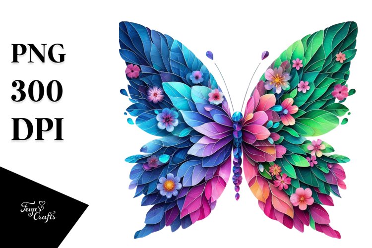 Abstract Vibrant Butterfly with Flowers PNG