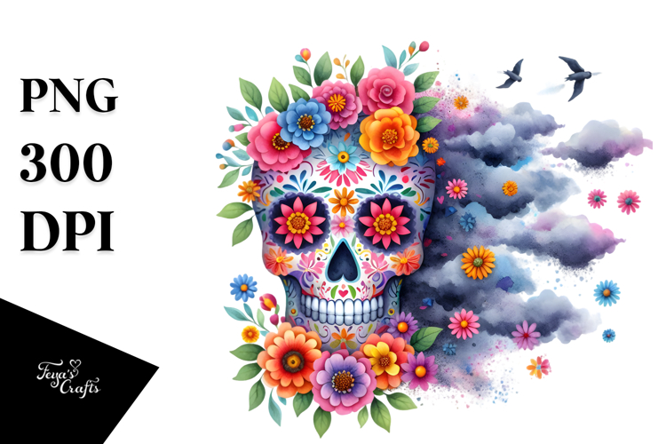 Colorful Skull Made of Flowers PNG
