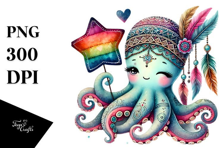 Cute Boho Octopus Sitting on Star PNG