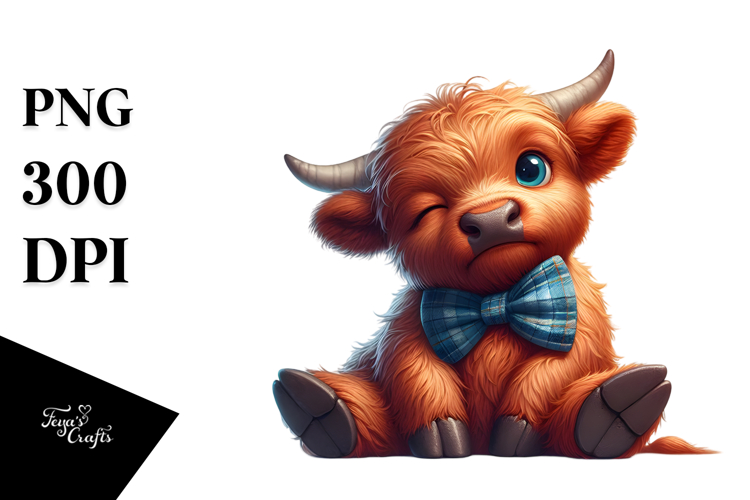 Highland Cow with Bow Tie, Cartoon PNG