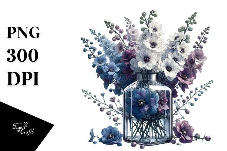 Detailed Bottle Filled with Large Delphinium | Sublimation |