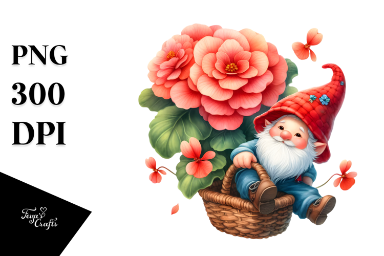 Cute GNOME with Begonia in a Basket PNG