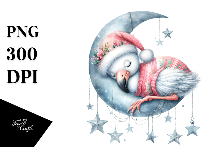 Vibrant Baby Flamingo Sleeping on the Moon PNG