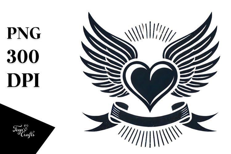 Simple Retro Heart with Wings, PNG