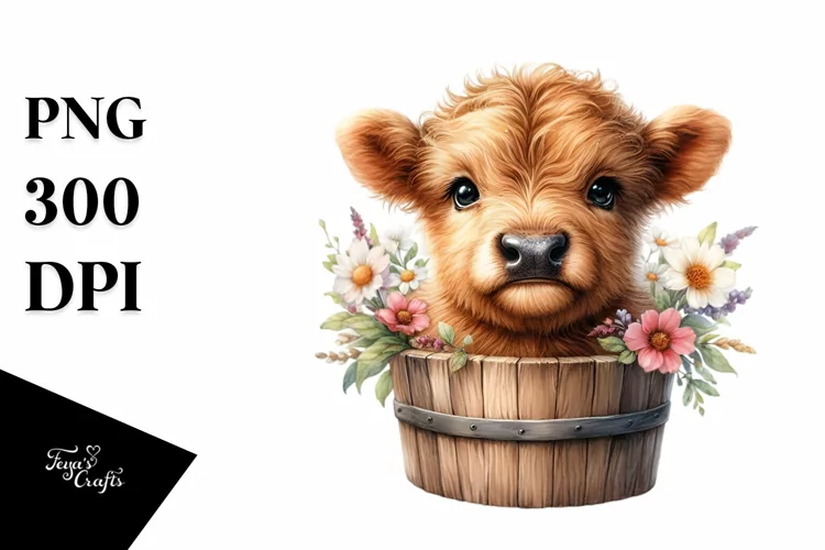 Cute Baby Cow in Wood Bucket, Transparent PNG