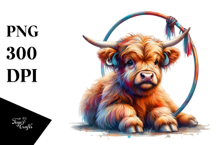 Whimsical Highland Cow with Hoop, High-Res PNG