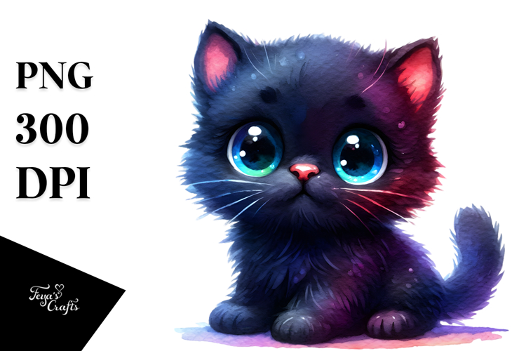 Cute Baby Black Cat in Stile PNG