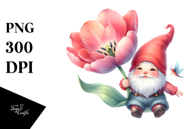 Cute Gnome with Large Tulip PNG