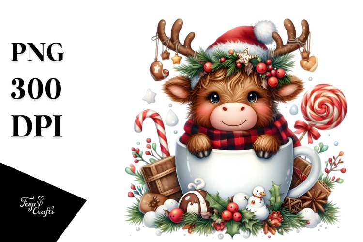 Cute Highland Cow with Christmas Enjoyment, PNG