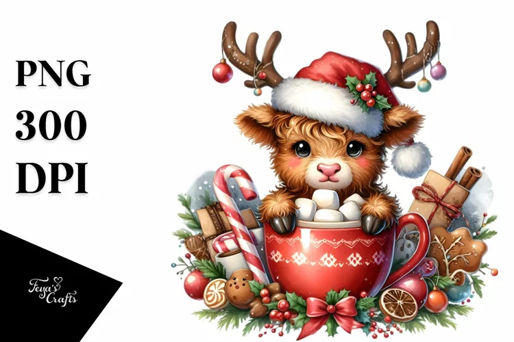 Cute Highland Cow with Christmas Enjoyment, Transparent PNG