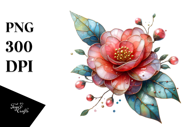 Camellia with Metallic Insertions, Watercolor Splash, PNG