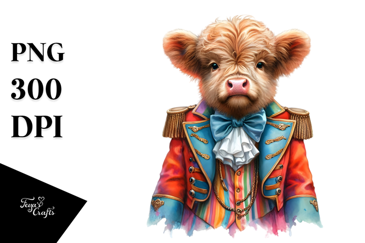 Colorful Highland Cow in Ringmaster's Coat PNG