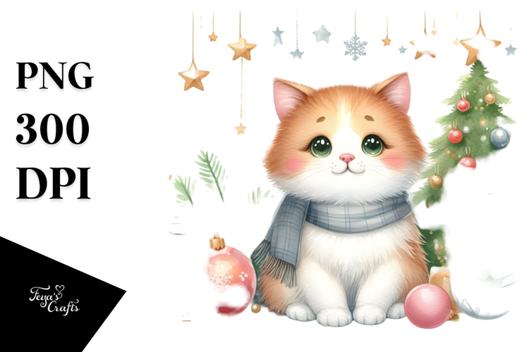 Watercolor Cat with Christmas Decorations