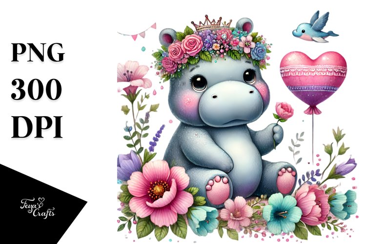 Adorned Hippo on Flower with Heart PNG