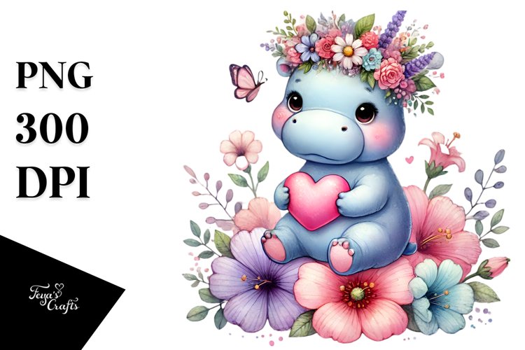 Adorned Hippo on Flower with Heart PNG