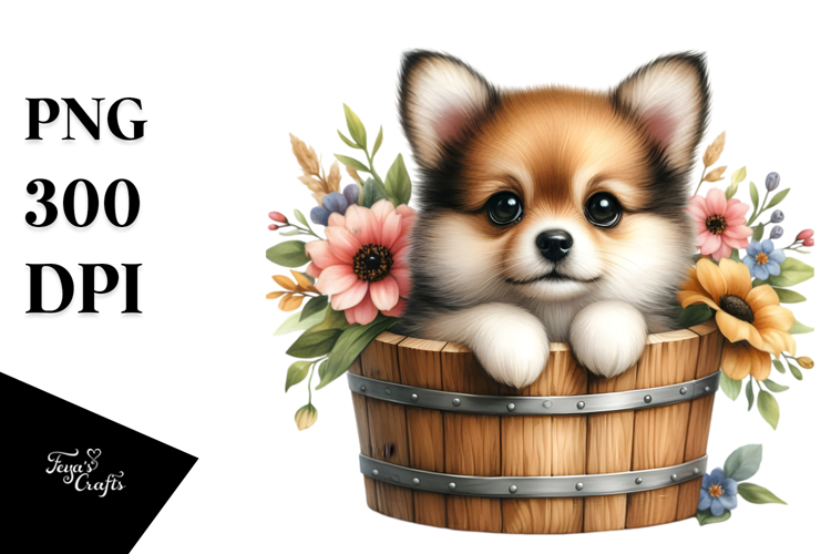 Cute Dog in Wood Bucket PNG