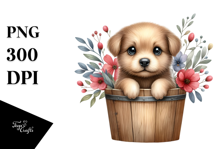 Cute Dog in Wood Bucket PNG