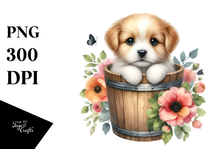 Cute Dog in Wood Bucket PNG