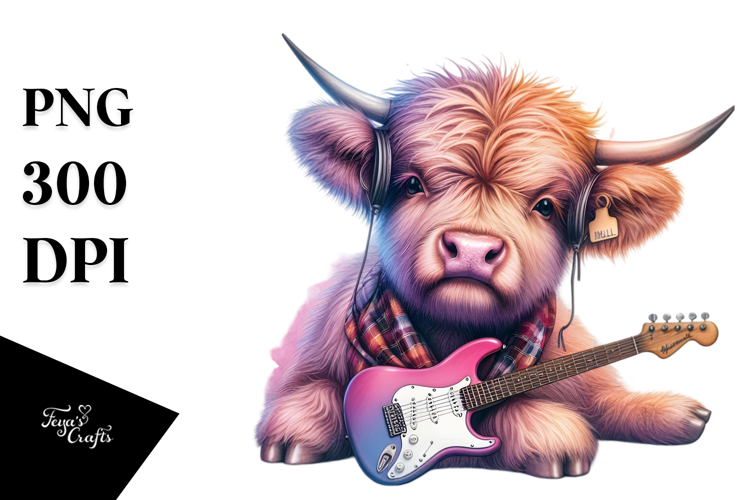 Colorful Highland Cow in Rock 'n' Roll Club PNG