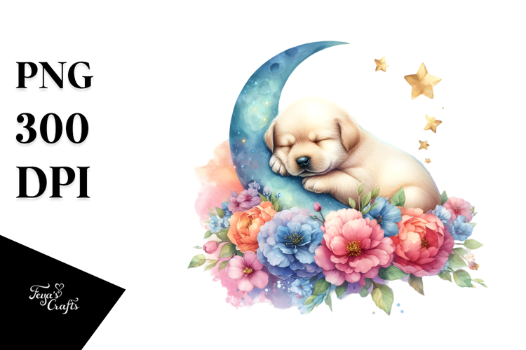 Pastel Puppy Sleeping on the Moon PNG