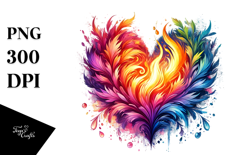 Fiery Heart Watercolor Digital Painting PNG