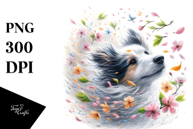 Cute Dog Tumbling with Spring Petals in the Wind | Clipart