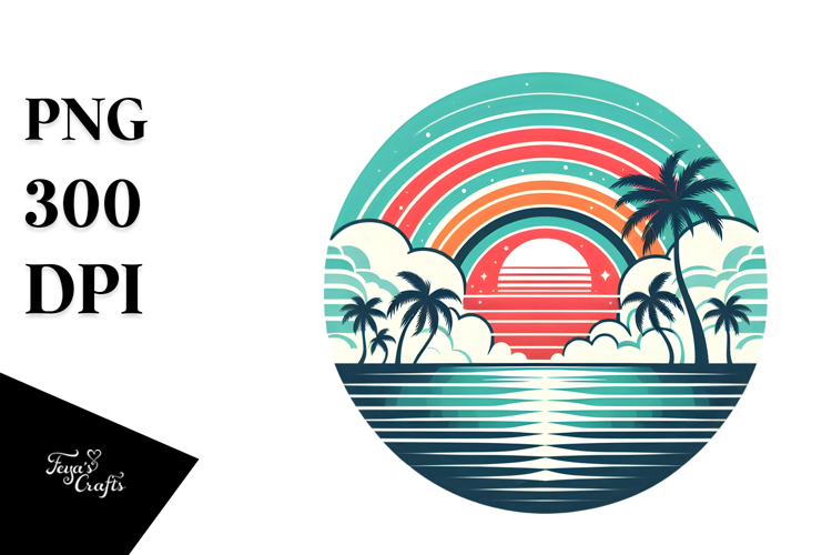 Retro Tropical Rainbow Sunset PNG
