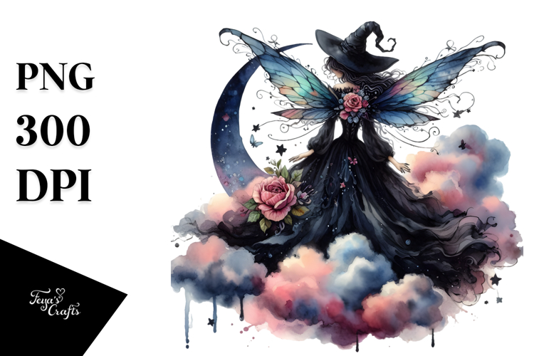 Gothic Fairy on a Cloud, Watercolor PNG