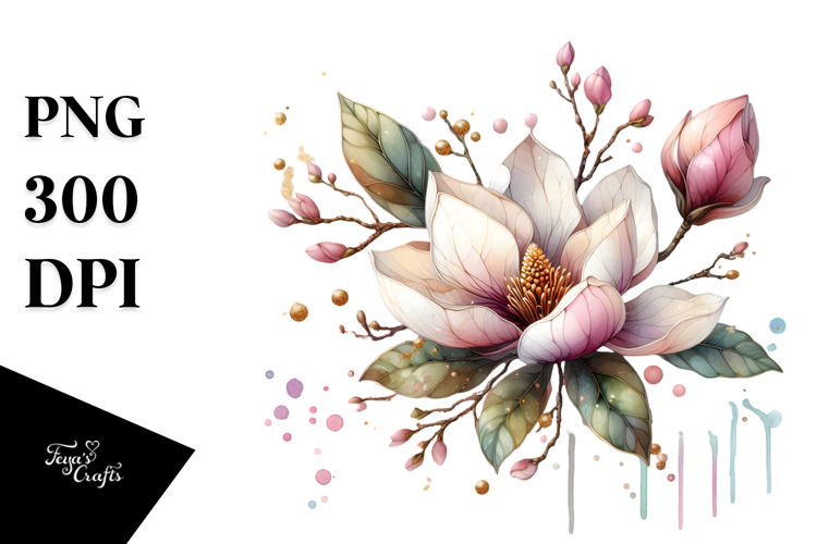 Magnolia with Golden Insertions, Watercolor Splash PNG