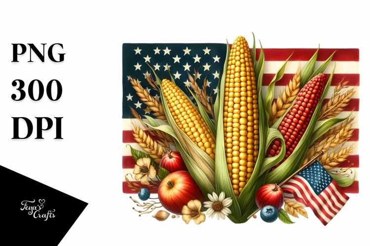 Watercolor Vintage Corn in USA Flag Colors | Clipart