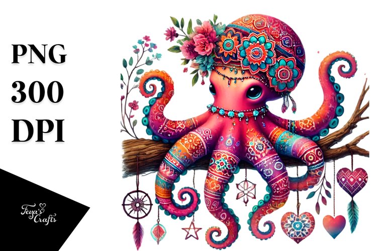 Colorful Boho Octopus on Branch Art