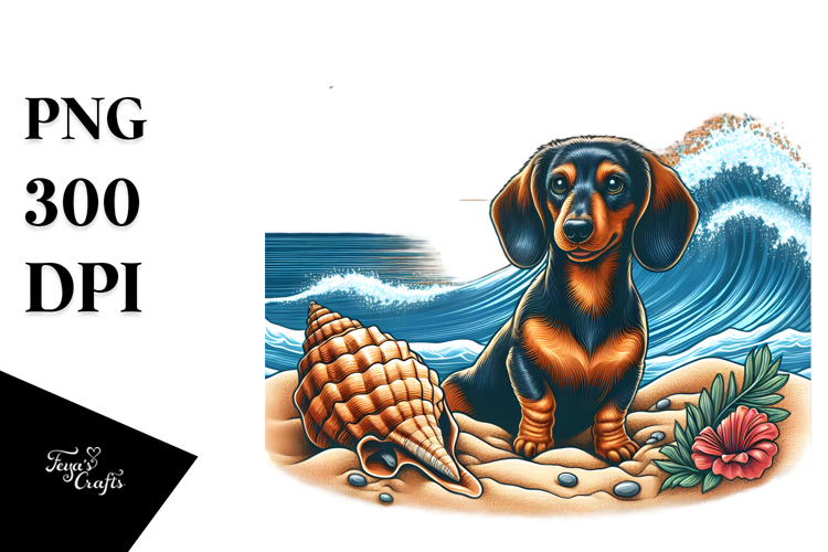 Watercolor Dachshund on Sunset Beach | Clipart