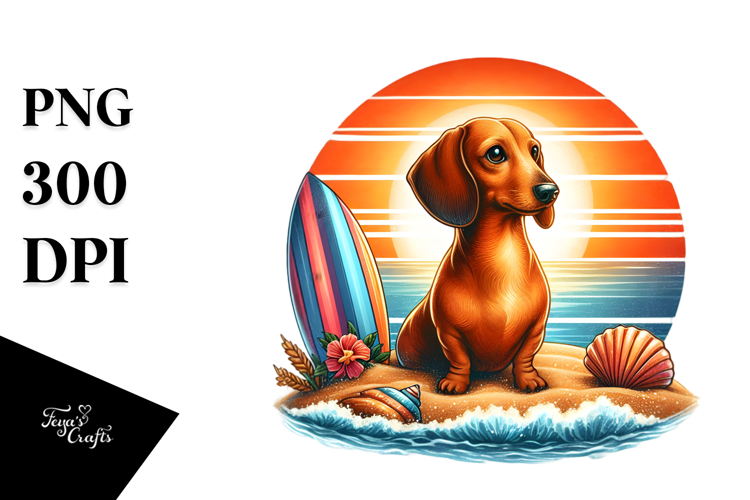 Watercolor Dachshund on Sunset Beach | Clipart