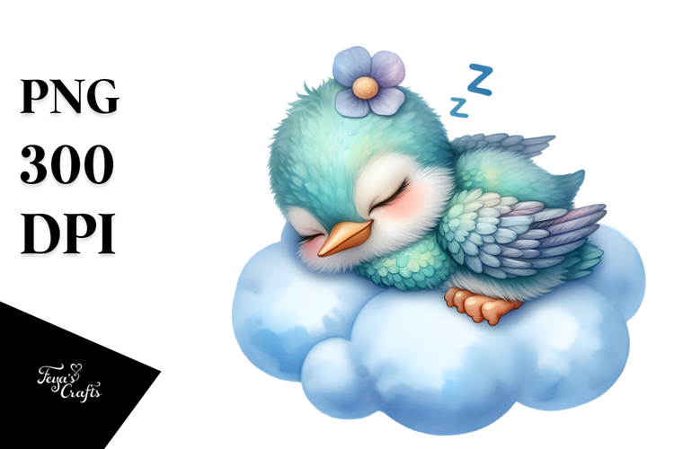 Funny Sleeping Baby Hummingbird on Cloud Clipart example image 1