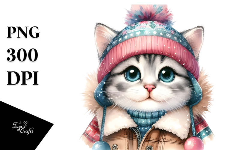 Watercolor Baby Cat in Winter PNG
