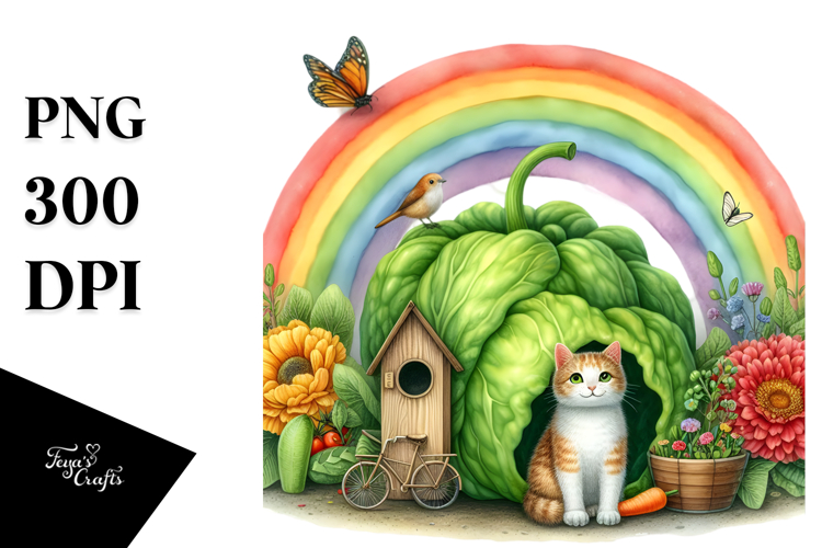 Cat House and Colorful Flowers | Sublimation | Clipart
