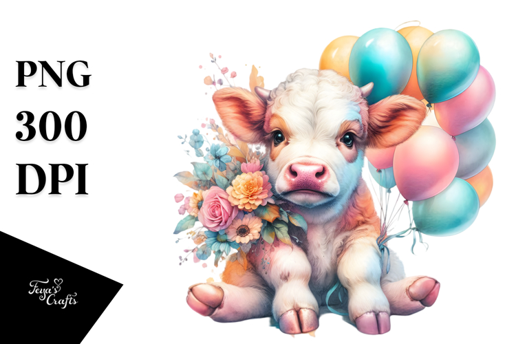 Playful Baby Cow with Balloons PNG