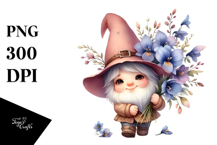Watercolor Baby Gnome with Lobelia Floral Ornament PNG
