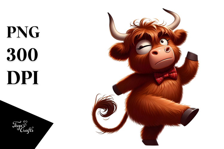 Dancing Highland Cow with Bow Tie, Playful PNG