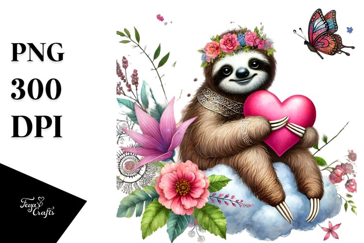 Colorful Adorned Sloth Sitting on a Cloud PNG